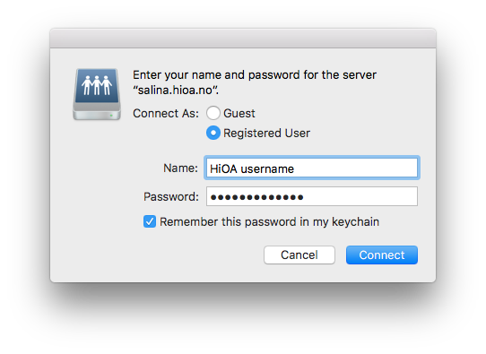 Skjermbilde: Koble til hjemmeområde på Mac OS X - Velg Registrert bruker og fyll inn HiOA-brukernavn og passord