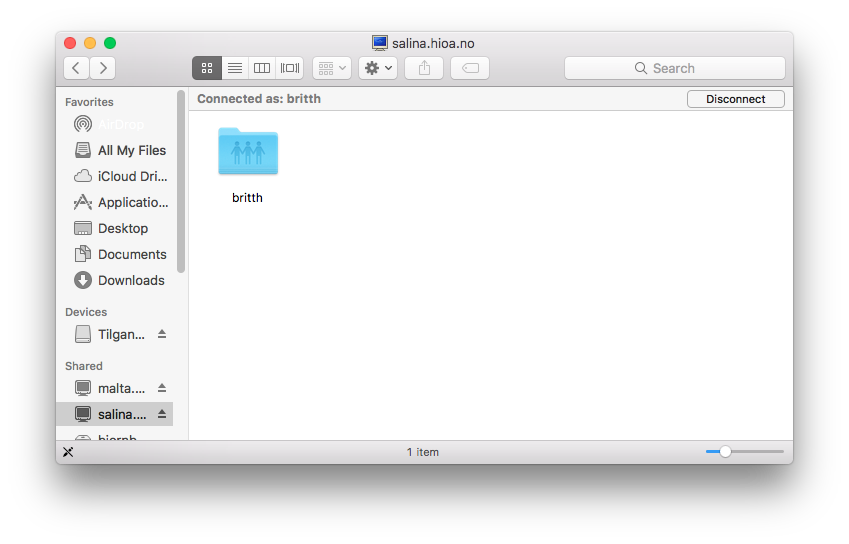 Skjermbilde: Koble til hjemmeområde på Mac OS X - Du ser nå servertilgang i Finder.