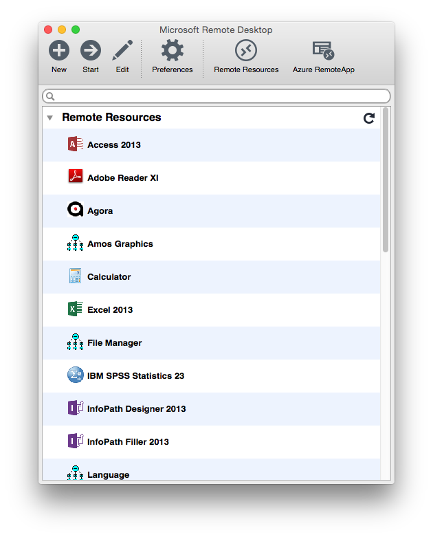 Skjermbilde: Viser alle programmer i Remote Resources som du kan bruke på Mac.