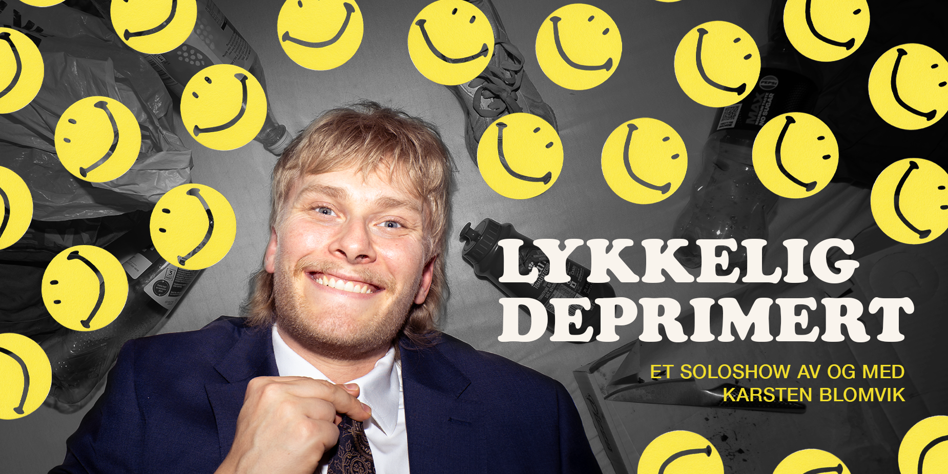 Karsten Blomvik smiler til kamera med mange smilefjes emojier rundt seg.