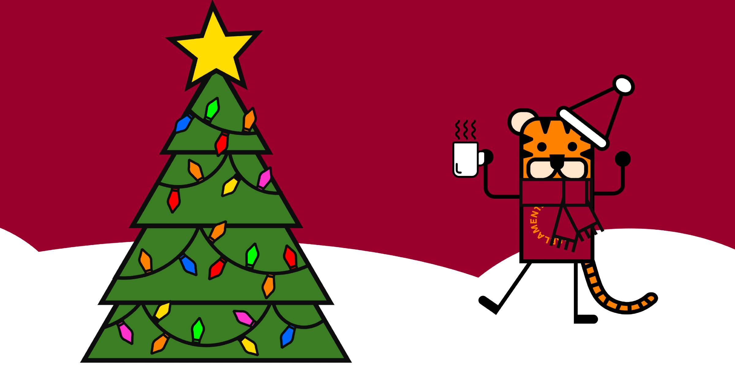 Computer illustration of the Student Parliament mascot, the tiger, dressed in red Christmas clothes and holding a cup of hot drink, standing next to a Christmas tree.