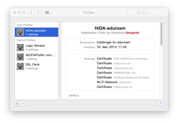 Skjermbilde for Profiler under Profiles.