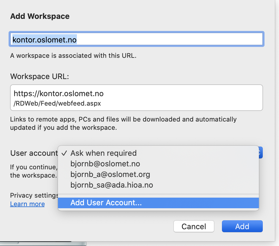 Skjermbilde som at man legger inn kontor.oslomet.no som workspace URL og klikker "Add user account" i nedtrekksmeny.