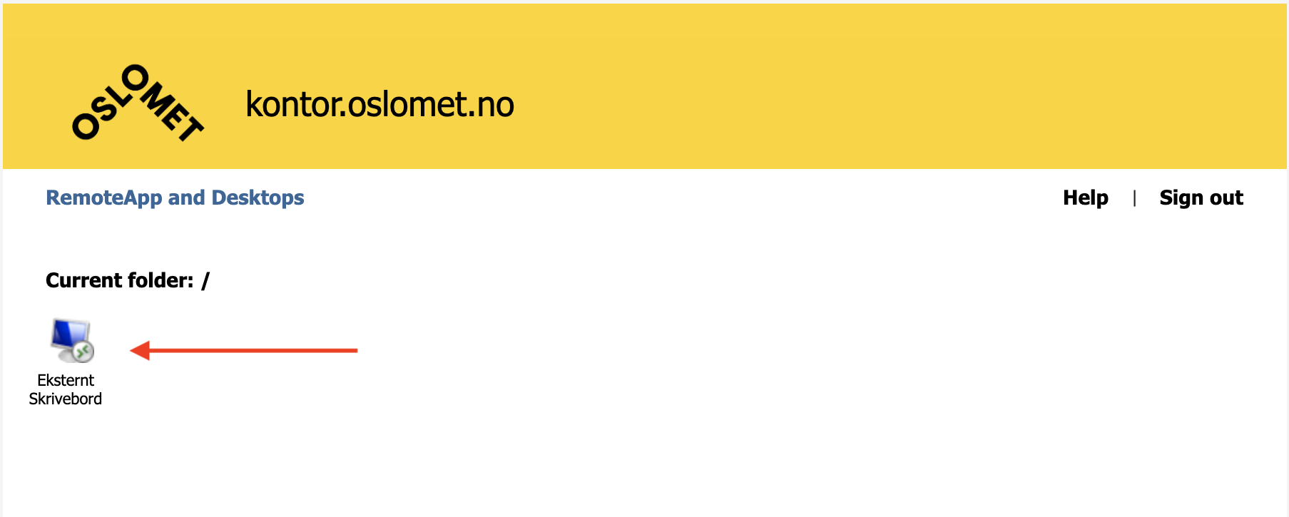Skjermbilde av kontor.oslomet.no med pil som peker på "Eksternt skrivebord"-ikon.