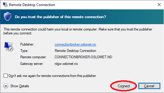 Skjermbilde av remote desktop. Klikk "Connect" for å koble til.