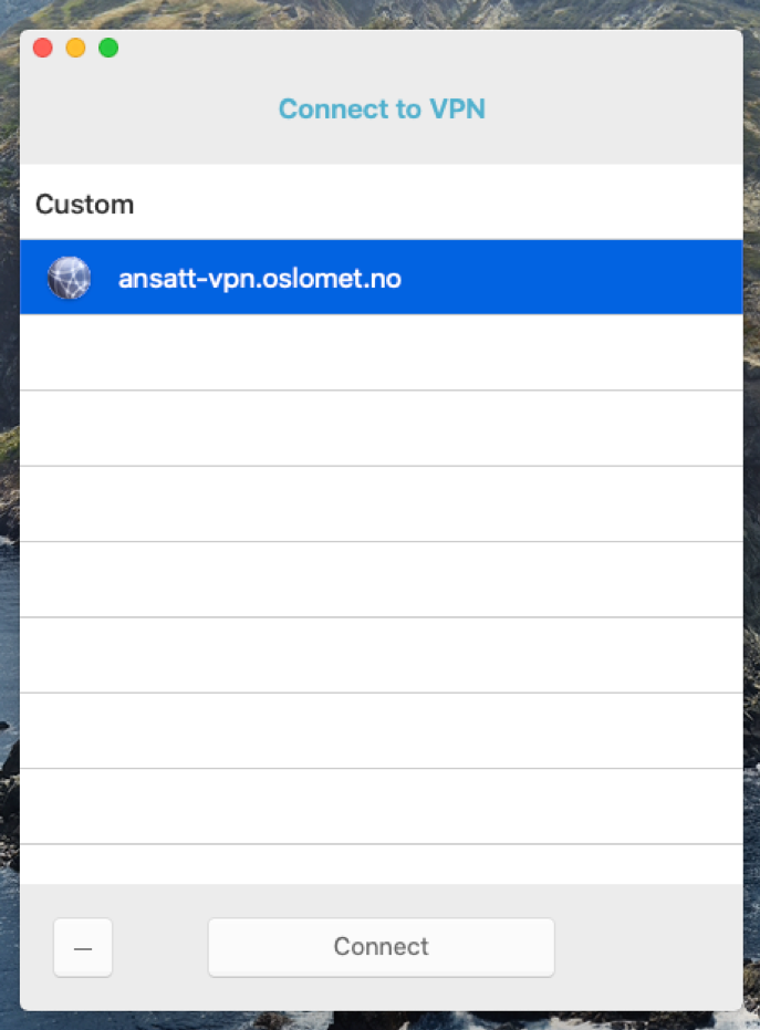 Skjermbilde av Connect to VPN-meny.