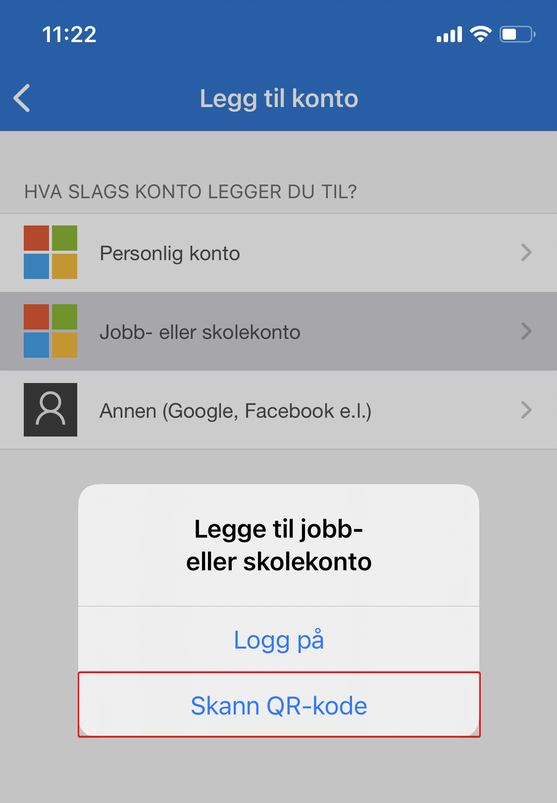 Skjermbilde som viser alternativet for å velge Skann QR-kode