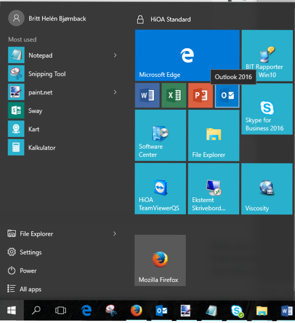 Skjermbilde: Åpne Outlook 2016 fra HiOA Standard meny