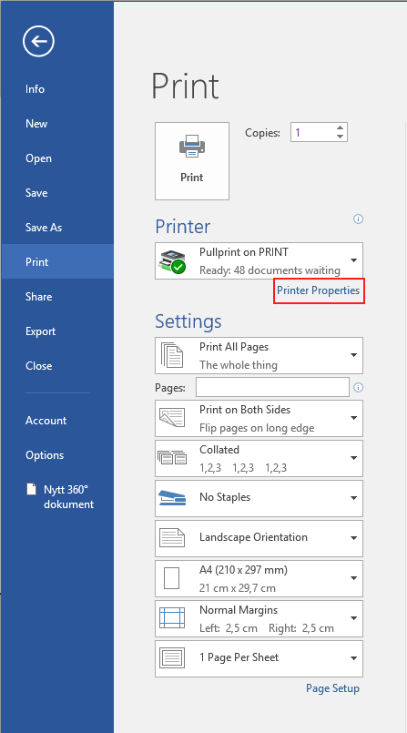 Skjermbilde: Select Printer properties / Velg Skriveregenskaper