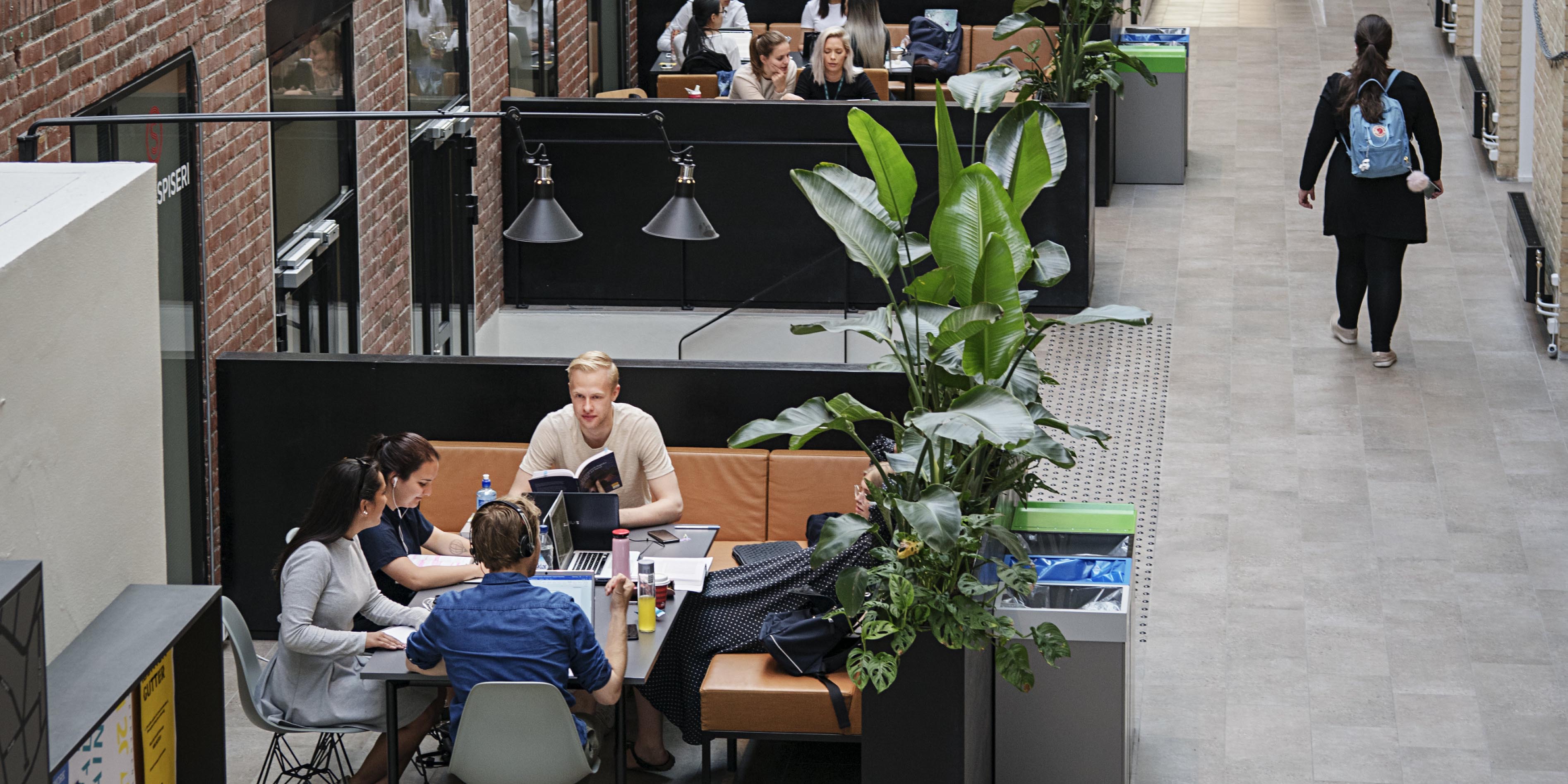 Oversiktsbilde over grupper med studenter som sitter og prater sammen ved ulike bord.