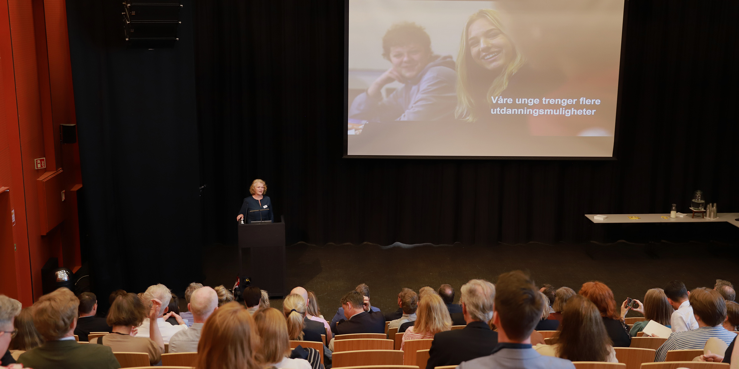 Foto av Annhild Mosdøl som holder presentasjon, tatt fra bakerst i salen slik at vi ser publikum bakfra.
