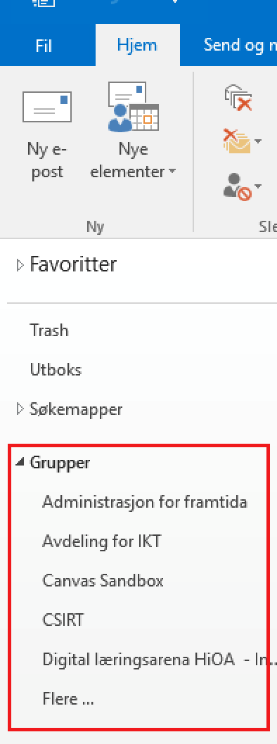 Skjermbildet viser hvordan du finner "Grupper" i Outlook, nederst Grupper