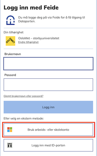 Skjermbilde som viser valg av "Bruk arbeids- eller skolekonto"